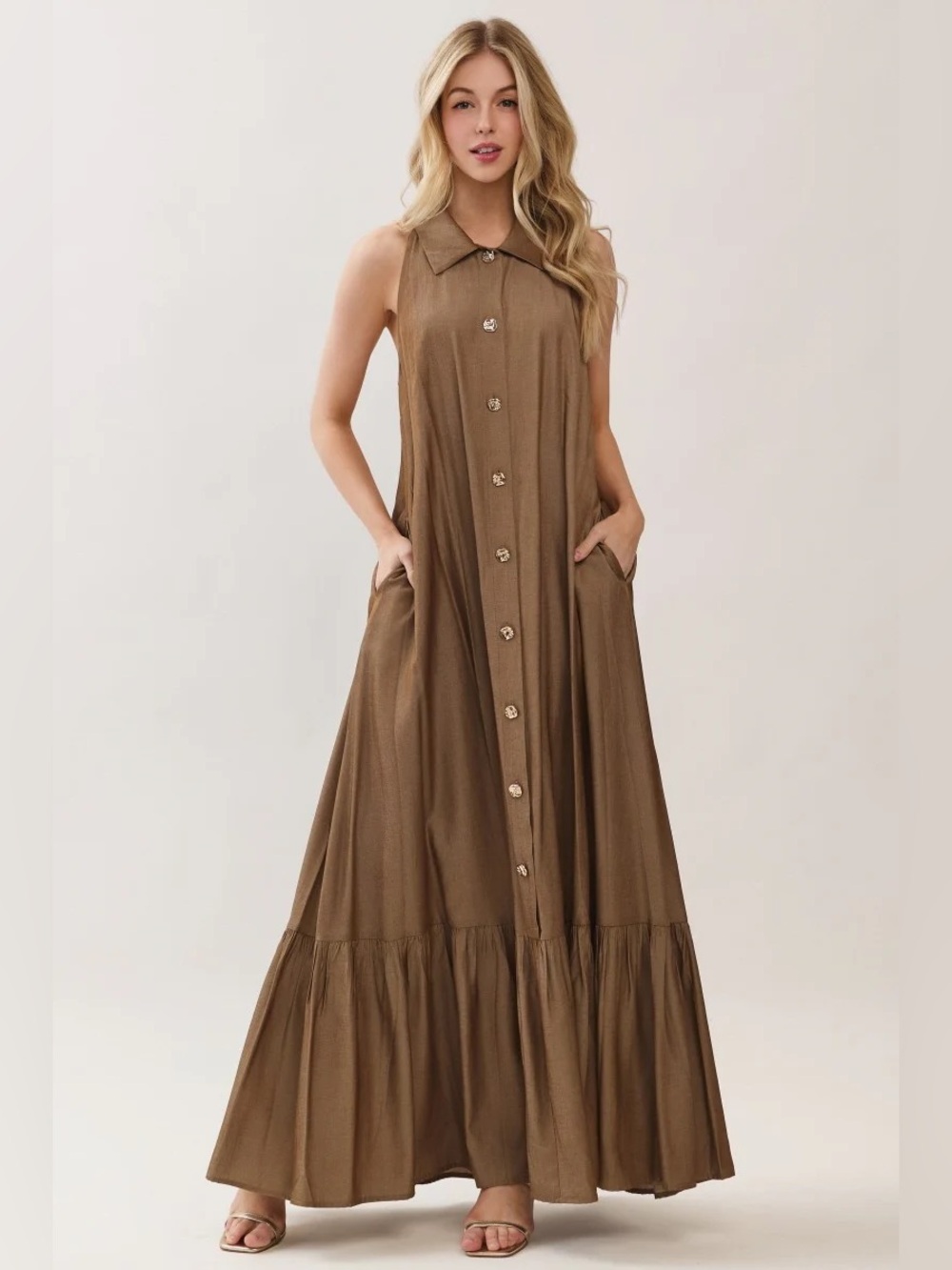 NWT Sleeveless Button-Front Pocketed Maxi Dress in Mocha | Summer Chic Outfit